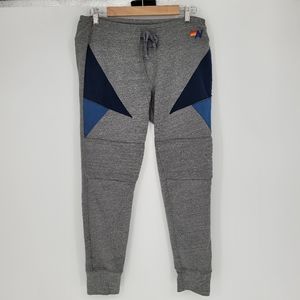 Aviator Nation Moto Sweatpants Heather Gray Blue Patches Back Pockets Medium